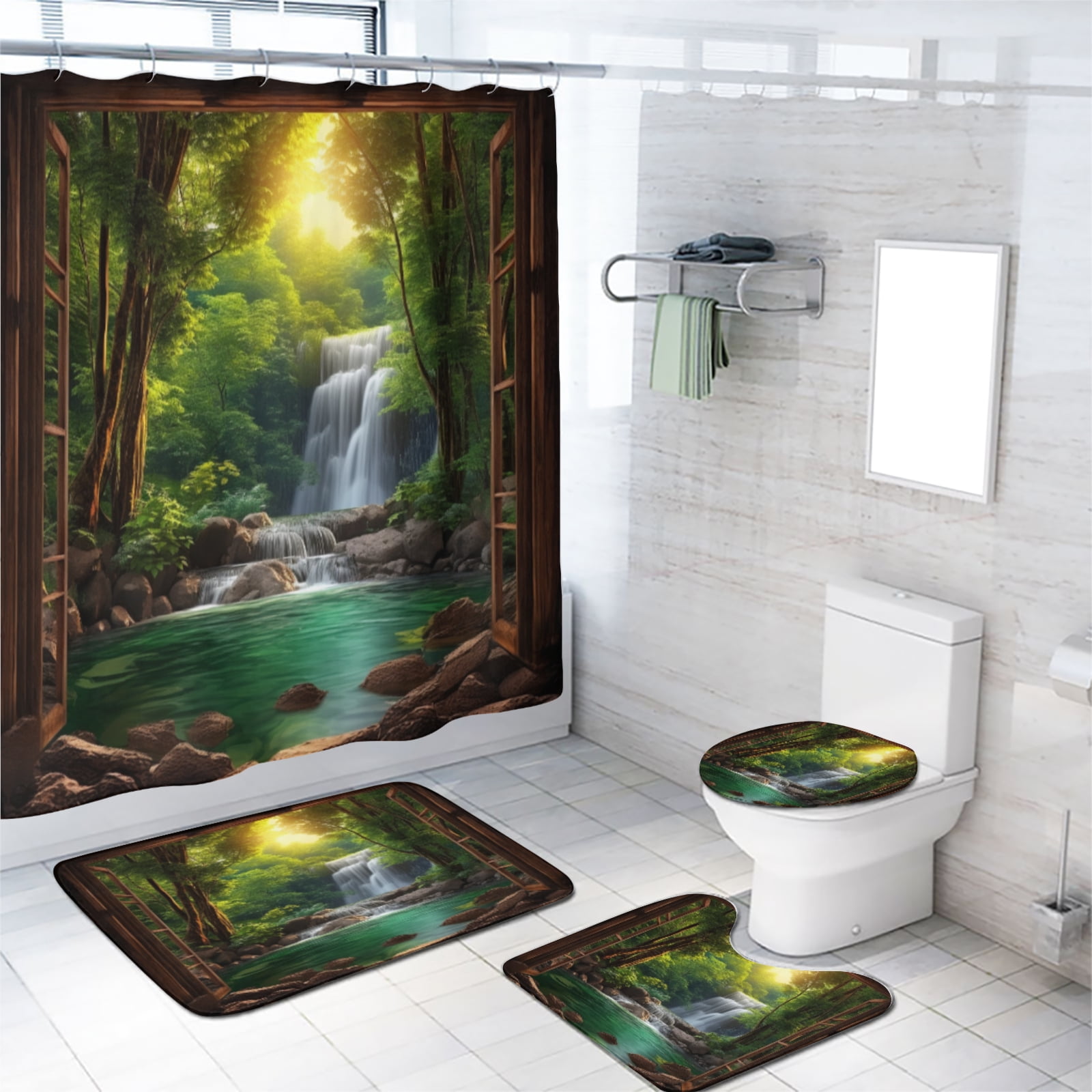 Landscape 4 Pieces Shower Curtain Set with Non-Slip Rug Waterfall Forest Lake Tree Nature Scenery View with Toilet Lid Cover, Bath Mat, Shower Curtains for Bathroom Rug Set, 72x72 Inch