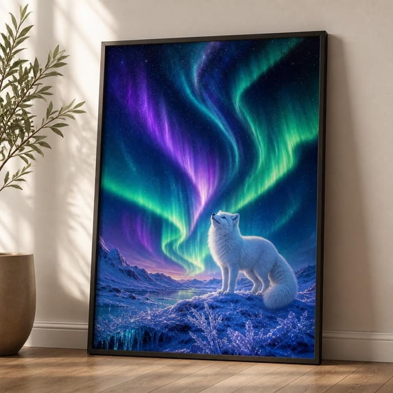 Landscape Arctic Fox Northern Lights Aurora Borealis Winter Fox Art ...