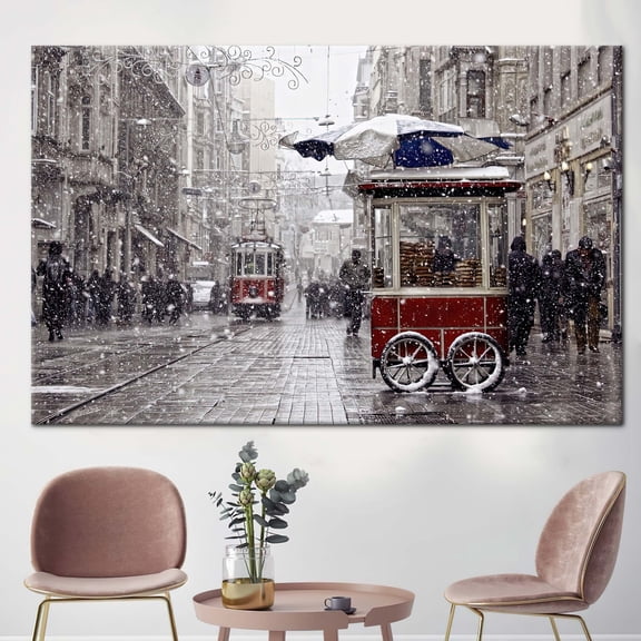 Landscape Art, Istanbul Landscape Canvas Art, Istiklal Street Poster, Winter Printed, View Printed, Red Tram Printed, Old Tram Artwork, Canvas Wall Decor - 5P-Rolled Canvas