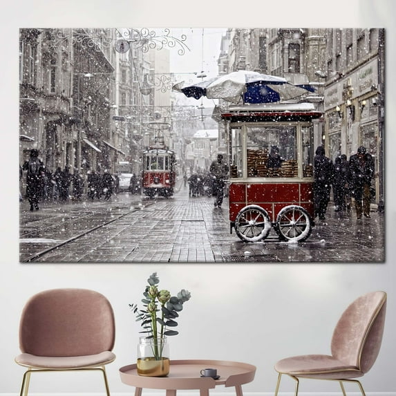 Landscape Art, Istanbul Landscape Canvas Art, Istiklal Street Poster, Winter Printed, View Printed, Red Tram Printed, Old Tram Artwork, Canvas Wall Decor - Gold Framed