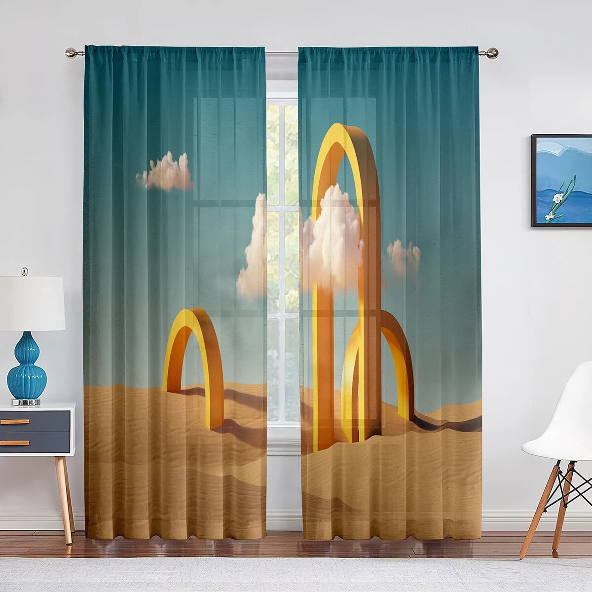Landscape Artistic Geometrci Sheer Voile Curtain for Living Room