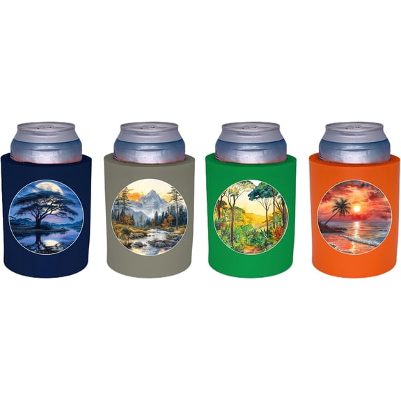 Landscape Artistic Outdoor Designs Thick Foam Old School Can Coolie 4 Pack Set (1 ea. Tropical Beach, Savannah Tree, Jungle, Mountain Stream)
