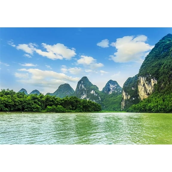 Landscape Backdrop Beautiful Green Hills and River Water Scenery Background Natural Mountain Blue Sky White Clouds Wallpaper Travel Birthday Portrait Photo Studio Props