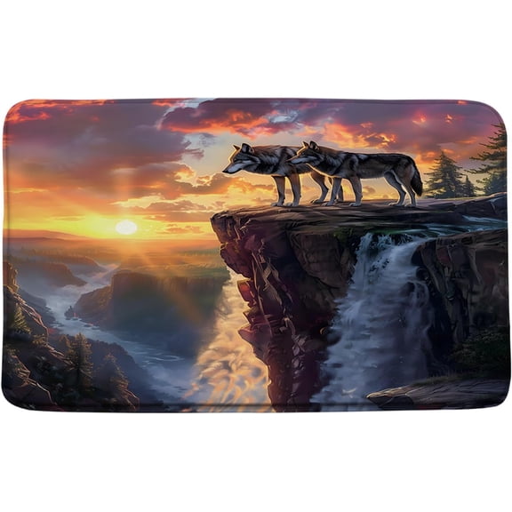 Landscape Bath Mat Wolf Waterfall Sunset Forest Nature Scenery Animal Orange Bathroom Kitchen Toilet Rugs,16x24 Inch
