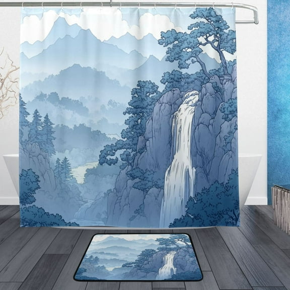 Landscape Bathroom Accessory Sets Waterproof Shower Curtain with Anti-Slip Bath Mat Durable Combo