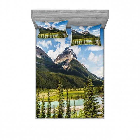 Landscape Bedding Set with Sheet & Covers, Canadian Nature Cliffs High Tops and Ranges in Spring Day Panorama Image Print, Printed Bedroom Decor 2 Shams, 4 Sizes, Green Blue, by Ambesonne