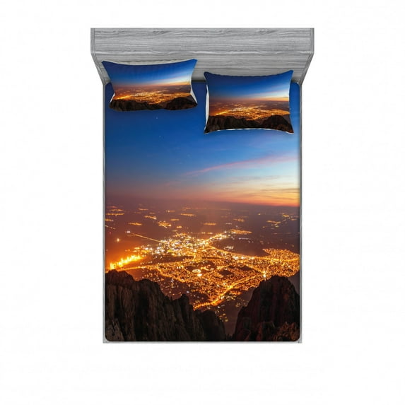 Landscape Bedding Set with Sheet & Covers, City at Night Time Twilight Skyline Panoramic View over Mountaintop Print, Printed Bedroom Decor 2 Shams, 4 Sizes, Brown Orange Blue, by Ambesonne