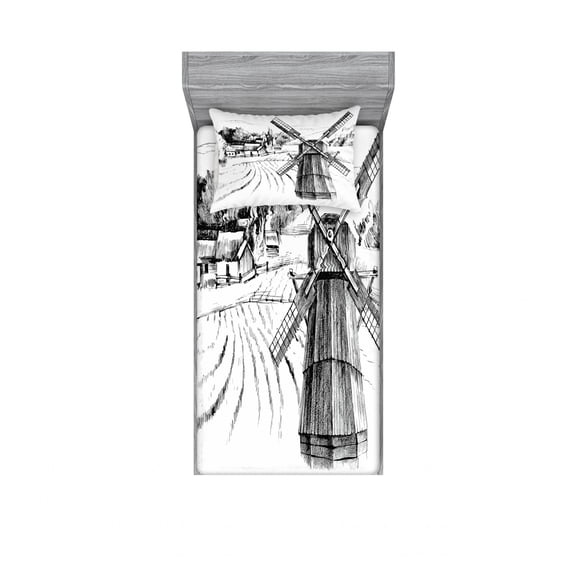 Landscape Bedding Set with Sheet & Covers, Hand Drawn Rural Scenery Small Town Farm Houses Forest and Mill Romantic Sketch, Printed Bedroom Decor 2 Shams, 4 Sizes, Black White, by Ambesonne