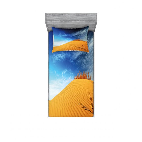 Landscape Bedding Set with Sheet & Covers, Hot Desert Sand Dunes and Dry Plants Open Sky Nature Art Print, Printed Bedroom Decor 2 Shams, 4 Sizes, Blue and Apricot, by Ambesonne