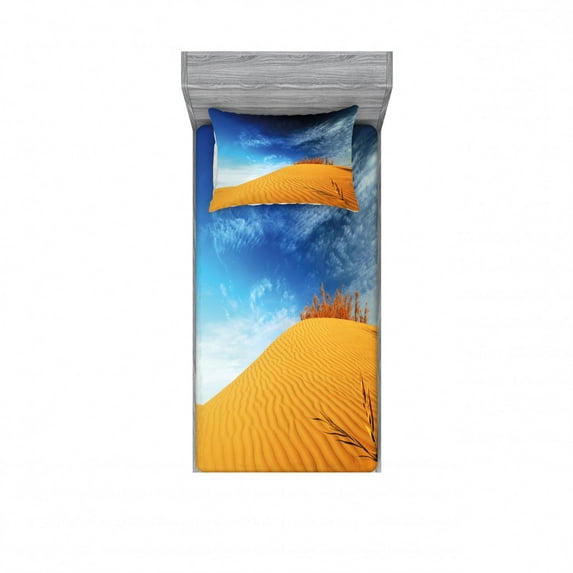 Landscape Bedding Set with Sheet & Covers, Hot Desert Sand Dunes and Dry Plants Open Sky Nature Art Print, Printed Bedroom Decor 2 Shams, 4 Sizes, Blue and Apricot, by Ambesonne