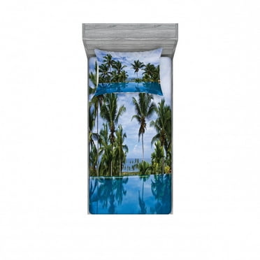Landscape Bedding Set with Sheet & Covers, Infinity Pool with Palms Reflections and Crystal Water Tropic Resort Photo, Printed Bedroom Decor 2 Shams, 4 Sizes, Blue Green White, by Ambesonne