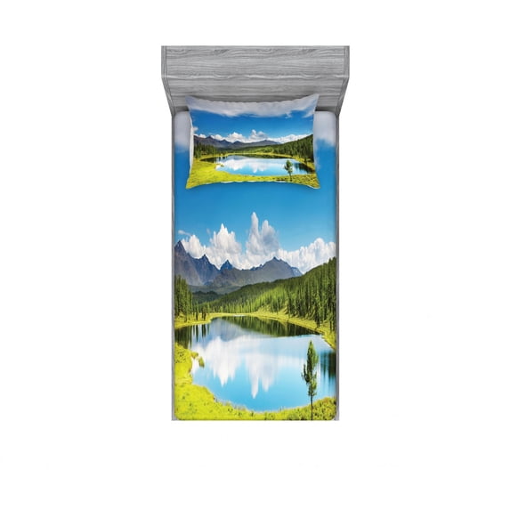 Landscape Bedding Set with Sheet & Covers, Mountain Woodland Forest and Lake in Sunny Cloudy Sky Summer Nature, Printed Bedroom Decor 2 Shams, 4 Sizes, Green Blue White, by Ambesonne