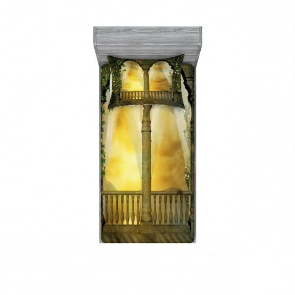 Landscape Bedding Set with Sheet & Covers, Mystical Balcony Fairytale with Floral Swirl Antique Design Art Print, Printed Bedroom Decor 2 Shams, 4 Sizes, Multicolor, by Ambesonne