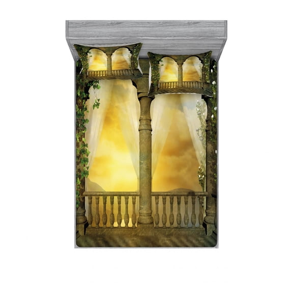 Landscape Bedding Set with Sheet & Covers, Mystical Balcony Fairytale with Floral Swirl Antique Design Art Print, Printed Bedroom Decor 2 Shams, 4 Sizes, Multicolor, by Ambesonne