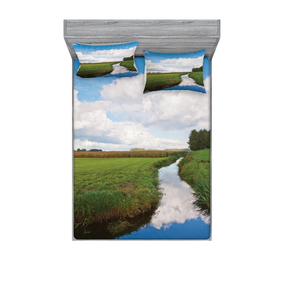 Landscape Bedding Set with Sheet & Covers, Reflective Calm River Scenery Meadow Grass Clouds Wildflowers Trees Shrubs, Printed Bedroom Decor 2 Shams, 4 Sizes, Green Blue White, by Ambesonne
