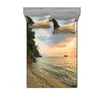 thumbnail image 1 of Landscape Bedding Set with Sheet & Covers, Sunset Dawn Sea Ocean Island Romance Tropic Botanic Tree Photo, Printed Bedroom Decor 2 Shams, 4 Sizes, Turquoise Peach, by Ambesonne, 1 of 3