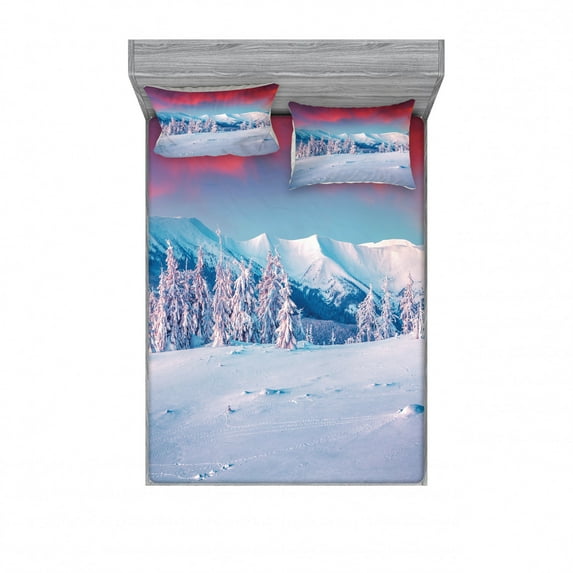 Landscape Bedding Set with Sheet & Covers, Sunset Dawn in Winter Snowy with Pine Trees Forest Mountain Wiev, Printed Bedroom Decor 2 Shams, 4 Sizes, Dark Coral Sky Blue, by Ambesonne