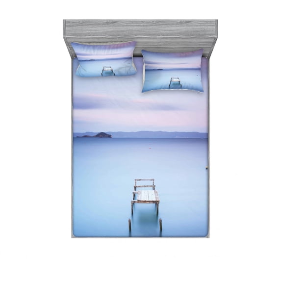 Ambesonne Landscape Fitted Sheet & Pillow Sham Set, Bolsena Lake in Italy, Queen, Pale Blue Lilac