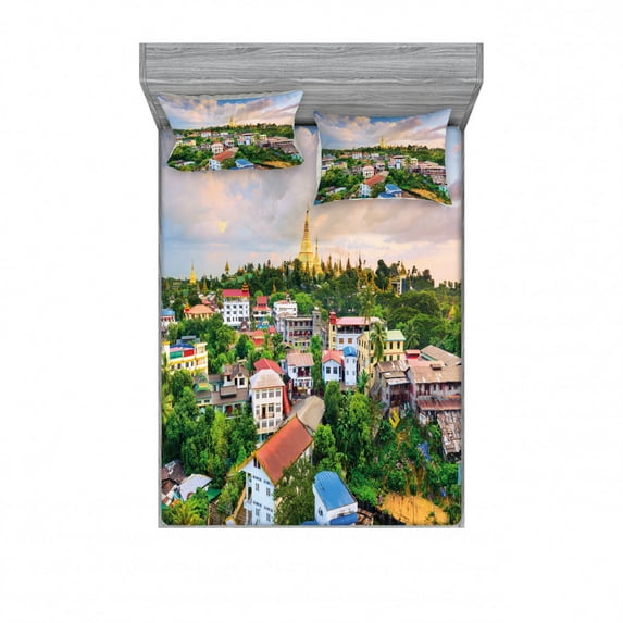 Landscape Bedding Set with Sheet & Covers, Yangon Myanmar Skline Cityscape Scenery with Nature Village Houses Art Print, Printed Bedroom Decor 2 Shams, 4 Sizes, Multicolor, by Ambesonne
