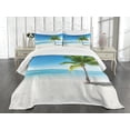 thumbnail image 1 of Landscape Bedspread, Caribbean Maldives Beach Island Sea Ocean Palm Trees Artwork Print, Decorative Quilted 3 Piece Coverlet Set with 2 Pillow Shams, King Size, Sky Blue, by Ambesonne, 1 of 5