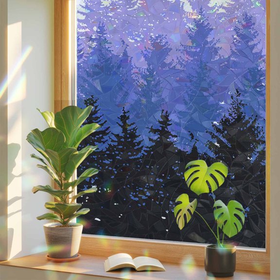 Landscape Black Purple Tree Shadow Window Privacy Film, Rainbow Film Decorative Window Sticker 17.7x39.3in, Mountain Forest Scenery on White Sun Blocking Static Stained Glass Cling Tint Non-Adhesive