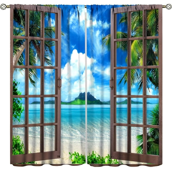 Landscape Blackout Curtains, Window Outside Summer Tropical Beach Island, for Bedroom Living Room, 2 Panel Set, 42X84x2 Inches, Style-1