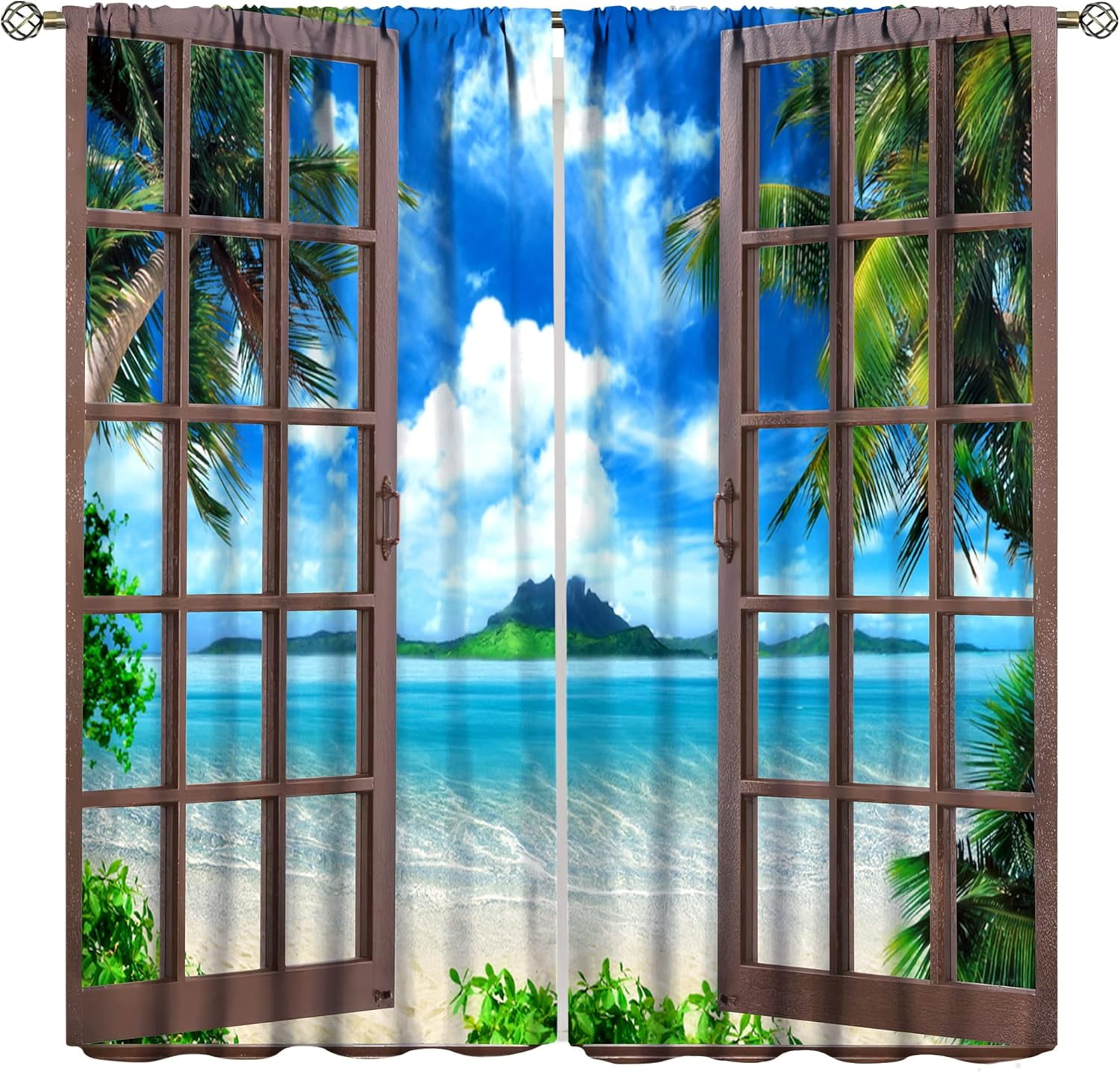 Landscape Blackout Curtains, Window Outside Summer Tropical Beach Island, for Bedroom Living Room, 2 Panel Set, 84x84 Inches, Style-1