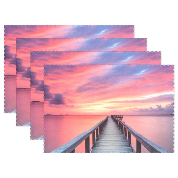 Landscape Bridge Sunset 4 PCs Placemats Set Linen Non-Slip Table Mat Rectangular Washable for Dining Kitchen Party 12"x18"