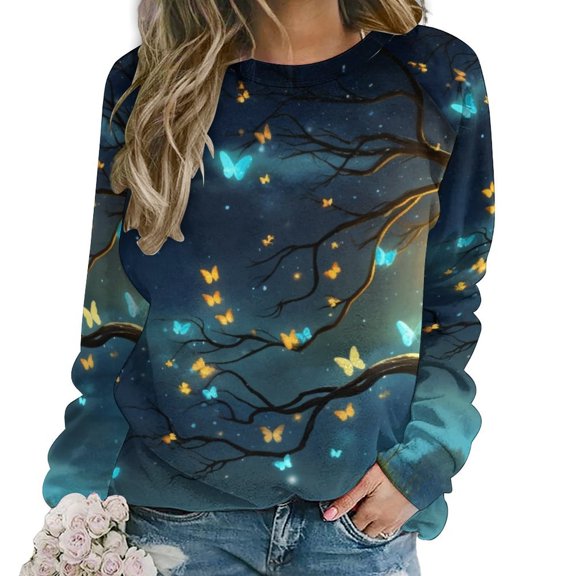 Landscape Butterfly Women's Floral Printed Sweatshirt Long Sleeve Crewneck Casual Loose Vintage Graphic Pullover Tops
