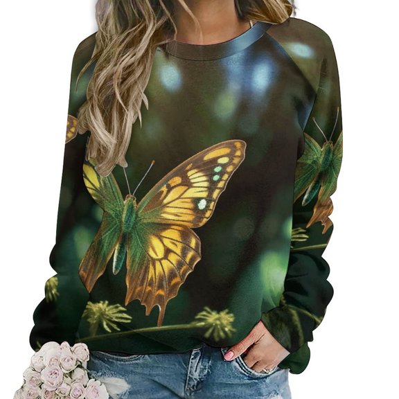 Landscape Butterfly Women's Floral Printed Sweatshirt Long Sleeve Crewneck Casual Loose Vintage Graphic Pullover Tops