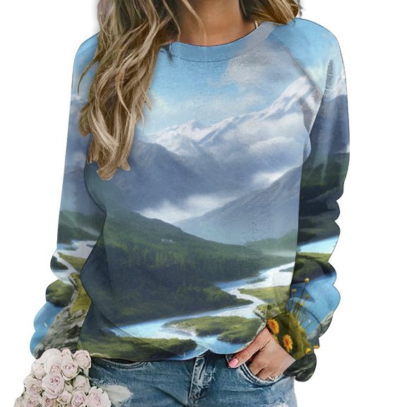 Landscape Butterfly Women's Floral Printed Sweatshirt Long Sleeve Crewneck Casual Loose Vintage Graphic Pullover Tops
