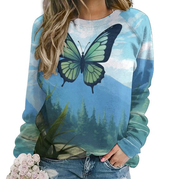 Landscape Butterfly Womens Casual Crewneck Sweatshirt Long Sleeve Tops Cute Pullover Loose Fit