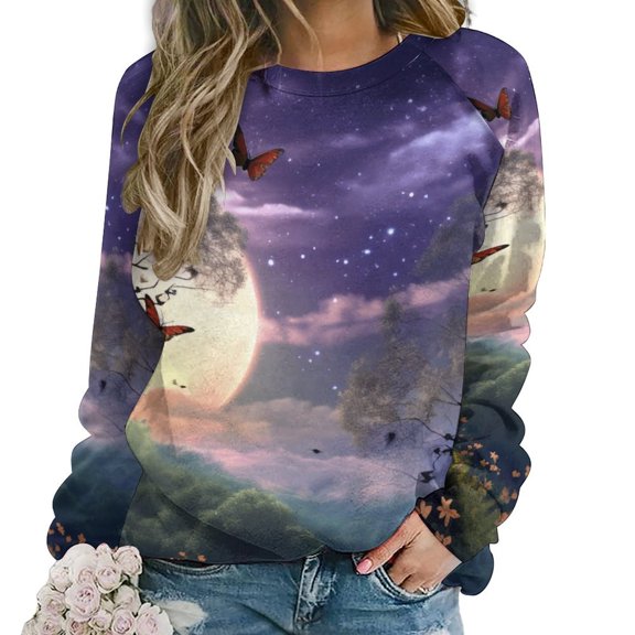 Landscape Butterfly Womens Casual Crewneck Sweatshirt Long Sleeve Tops Cute Pullover Loose Fit