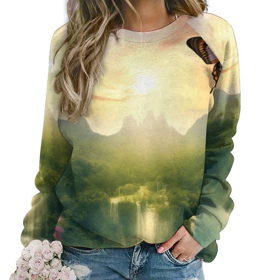 Landscape Butterfly Womens Oversized Sweatshirts Hoodies Crewneck Casual Tops Comfy FallWinter Clothes 2024
