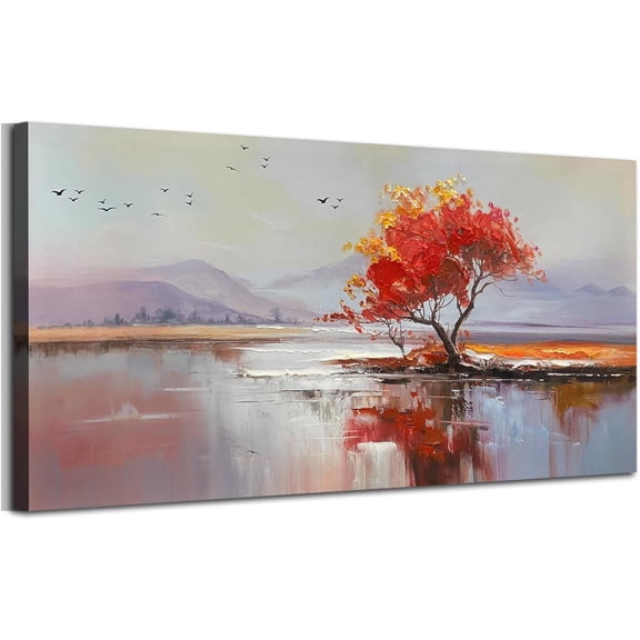 Landscape Canvas Wall Art Textured Large 40"x20"- Red Maple Tree & Lake Reflection Painting, Soft Toned Nature Prints Picture Framed Artwork for Living Room Bedroom Home Office Wall Decor