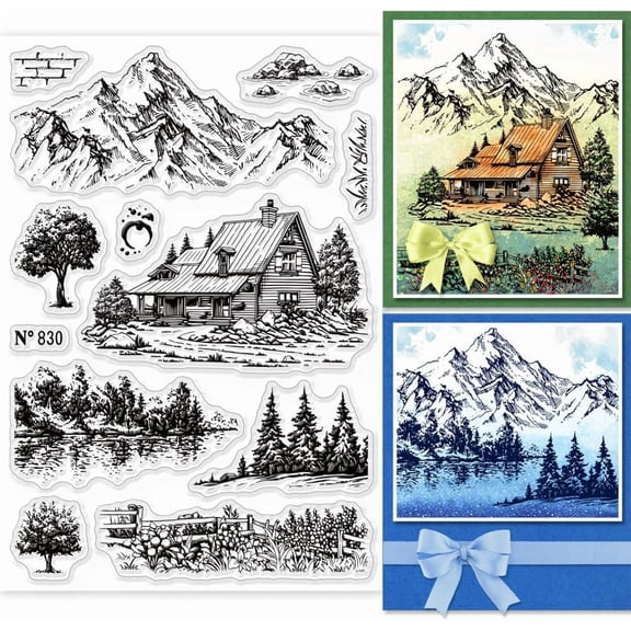 Landscape Clear Stamps Tree Bridge River Scenery Silicone Stamp House Tree Mountain Background Transparent Stamps