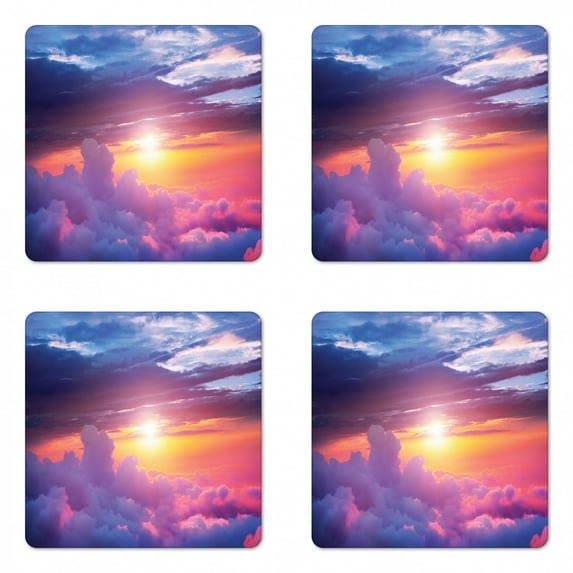 Landscape Coaster Set of 4, Sunset Scene with Sky and Clouds with Vibrant Colors and Shadows Print, Square Hardboard Gloss Coasters, Standard Size, Blue Yellow Purple, by Ambesonne