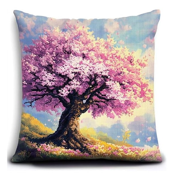 Landscape Cross Stitch Pillow Kits for Adults,A Pink Cherry Tree DIY Cushion Embroidery Kit  Needlepoint Handmade Needlework Cushion Kit