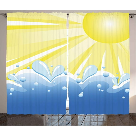 Ambesonne Summer Curtains 2 Panel Set, Vector Sun Wavy Sea, 108" x 84", Yellow and Blue