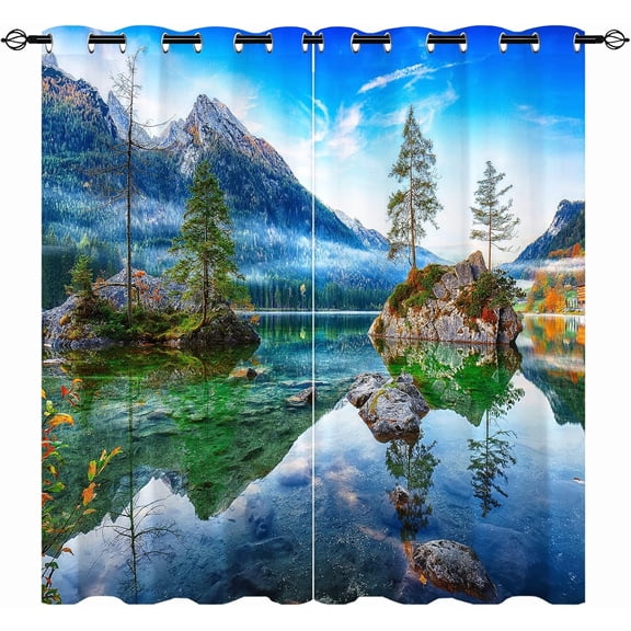 Landscape Curtains - Autumn Europe Alps Mountains Lake Scene Trees and Rock Island Print Pattern Waterproof Fabric Grommet Window Drapes for Bedroom Living Dining Room 2 Panels W52 x L84