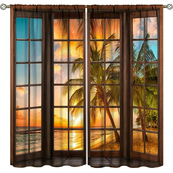 Landscape Curtains,Beach Sea Coconut Trees Natural Landscape Rustic Window Curtains Bedroom Living Room Kitchen Cafe 42x84in