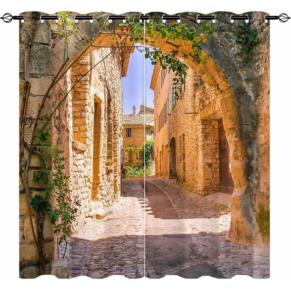 Landscape Curtains - France European Old Town Alley Provence Retro Vintage Stone Street Pattern Waterproof Fabric Grommet Window Drapes for Bedroom Living Room Dining Room 2 Panels W52 x L63