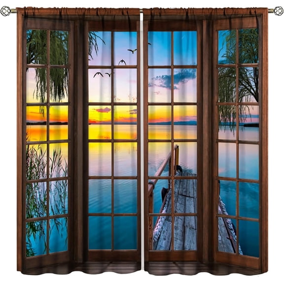 Landscape Curtains,Natural Scenery Rustic Window Curtains,Forest Lake Sunset Print Bedroom Living Room Home Decoration 42x63in