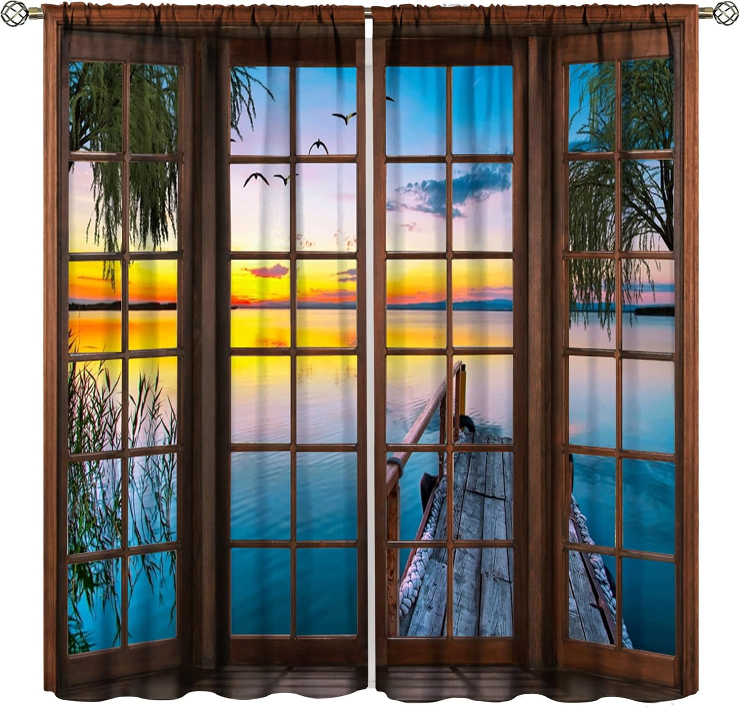 Landscape Curtains,Natural Scenery Rustic Window Curtains,Forest Lake Sunset Print Bedroom Living Room Home Decoration 84x84in
