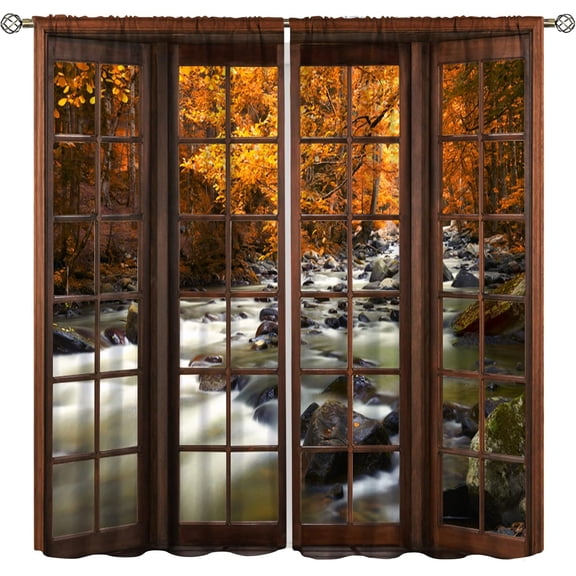 Landscape Curtains,Nature 3D Scenery View Window Treatments for Living Room,Autumn Fall Leaf Waterfall Forest Tree Nature Scape Curtain 2 Panels,52x84 Inch