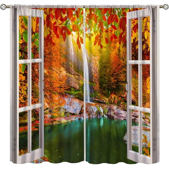 Landscape Curtains,Nature 3D Scenery View Window Treatments for Living Room, Autumn Forest Lake Botanical Maples Scape Curtain 2 Panels,42x54 Inch