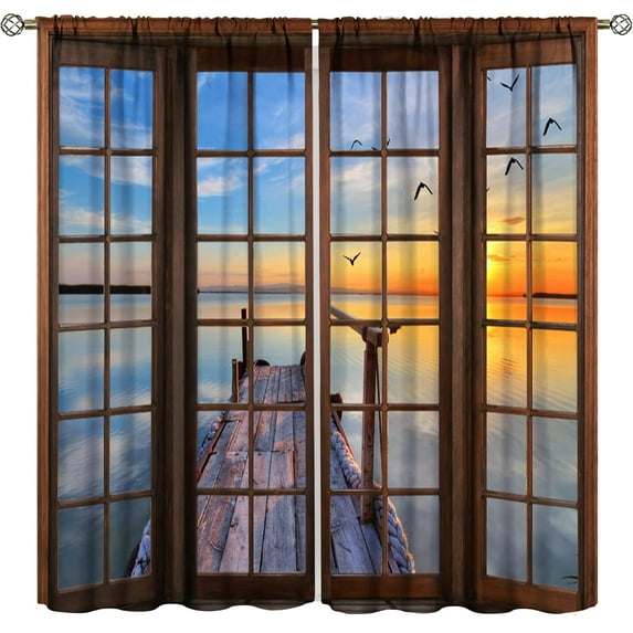 Landscape Curtains,Nature 3D Scenery View Window Treatments for Living Room, Rustic Bridge Lake Birds Curtain 2 Panels,52x84 Inch