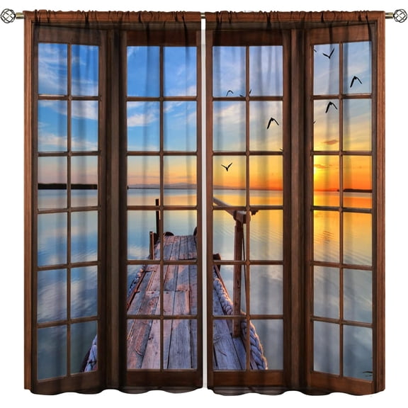 Landscape Curtains,Nature 3D Scenery View Window Treatments for Living Room, Rustic Bridge Lake Birds Curtain 2 Panels,55x63 Inch