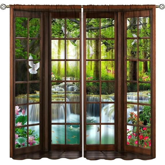 Landscape Curtains,Nature 3D Scenery View Window Treatments for Living Room,Spring Green Forest Lake Nature Scape Curtain 2 Panels,52x84 Inch