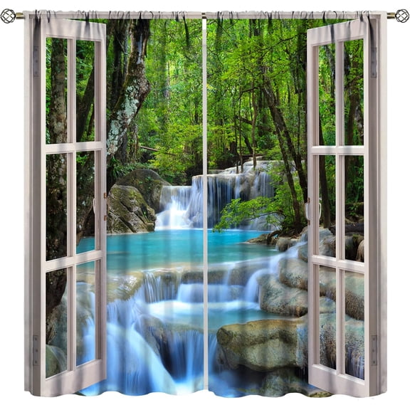 Landscape Curtains,Nature 3D Scenery View Window Treatments for Living Room,Waterfall Forest Lake Tree Nature Scape Curtain 2 Panels,52x63 Inch